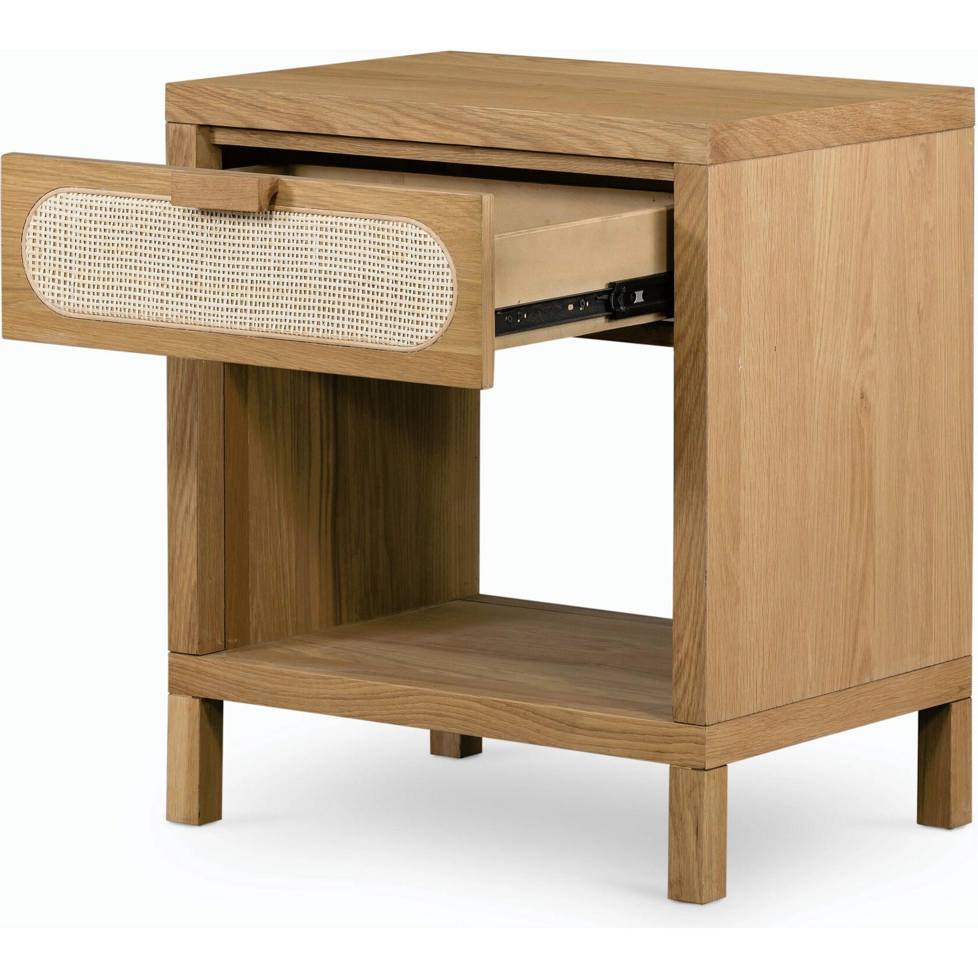 Allegra Nightstand by Four Hands in honey oak veneer, light natural cane, honey oak and honey oak. Made from oak veneer, cane, solid oak in a rustic style.