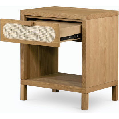 Allegra Nightstand by Four Hands in honey oak veneer, light natural cane, honey oak and honey oak. Made from oak veneer, cane, solid oak in a rustic style.