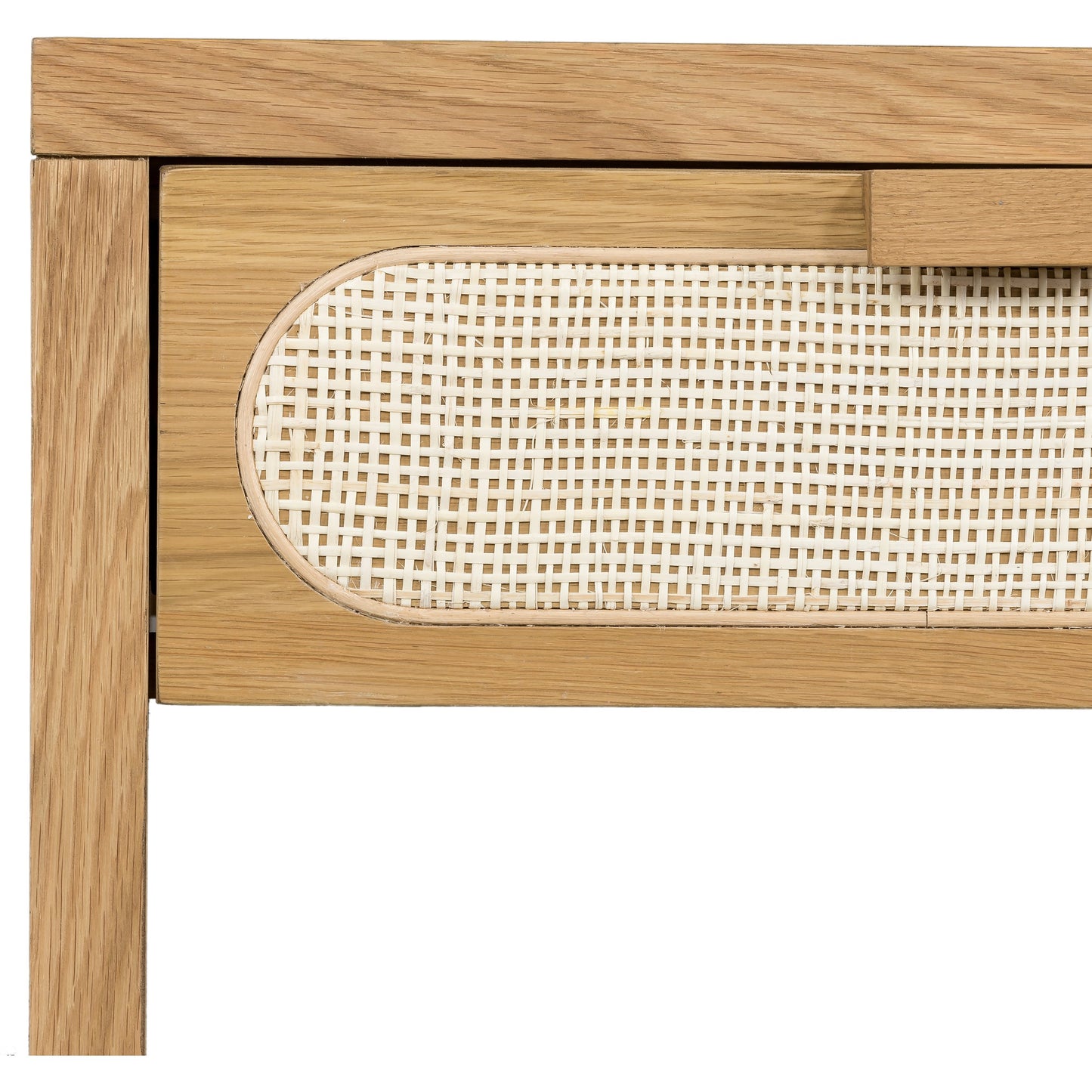 005 SI-1714150 | Closeup | Allegra Nightstand by Four Hands in honey oak veneer, light natural cane, honey oak and honey oak. Made from oak veneer, cane, solid oak in a rustic style.