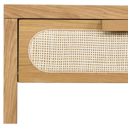 Allegra Nightstand by Four Hands in honey oak veneer, light natural cane, honey oak and honey oak. Made from oak veneer, cane, solid oak in a rustic style.