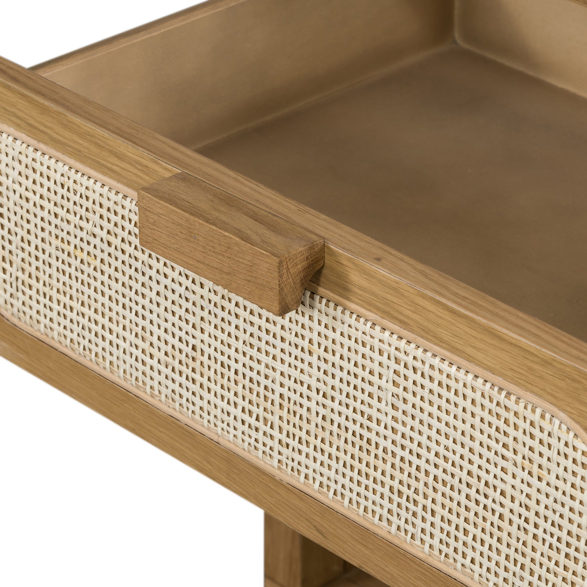 Allegra Nightstand by Four Hands in honey oak veneer, light natural cane, honey oak and honey oak. Made from oak veneer, cane, solid oak in a rustic style.