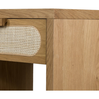 Allegra Nightstand by Four Hands in honey oak veneer, light natural cane, honey oak and honey oak. Made from oak veneer, cane, solid oak in a rustic style.