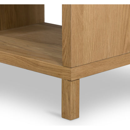 Allegra Nightstand by Four Hands in honey oak veneer, light natural cane, honey oak and honey oak. Made from oak veneer, cane, solid oak in a rustic style.