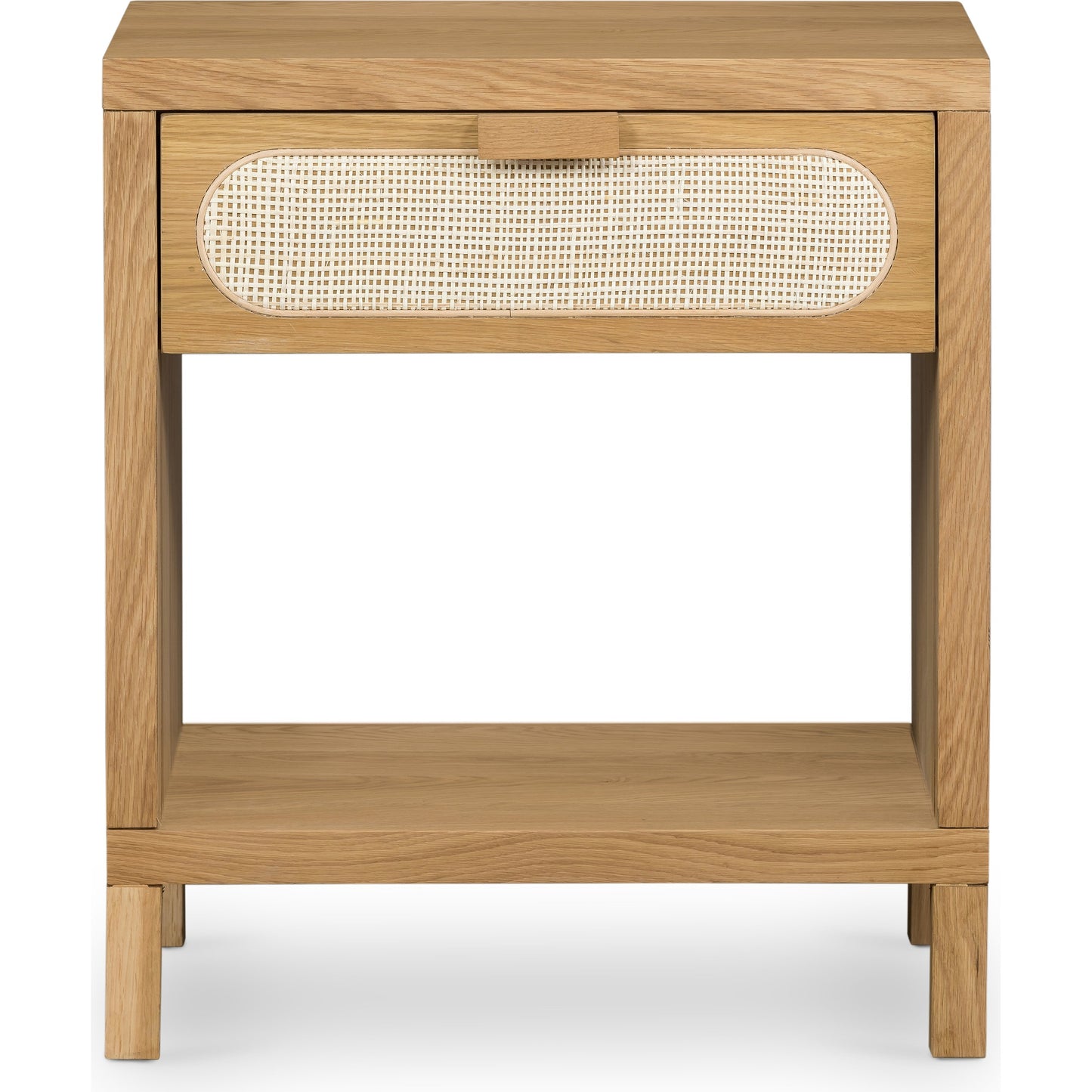 002 SI-1714150 | Additional Silo | Allegra Nightstand by Four Hands in honey oak veneer, light natural cane, honey oak and honey oak. Made from oak veneer, cane, solid oak in a rustic style.