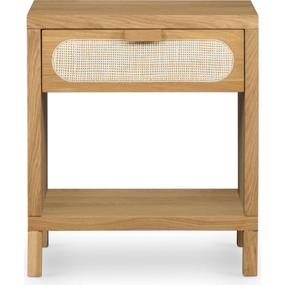 Allegra Nightstand by Four Hands in honey oak veneer, light natural cane, honey oak and honey oak. Made from oak veneer, cane, solid oak in a rustic style.