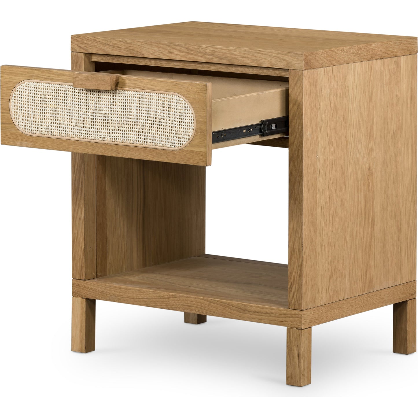 003 SI-1714150 | Additional Silo | Allegra Nightstand by Four Hands in honey oak veneer, light natural cane, honey oak and honey oak. Made from oak veneer, cane, solid oak in a rustic style.