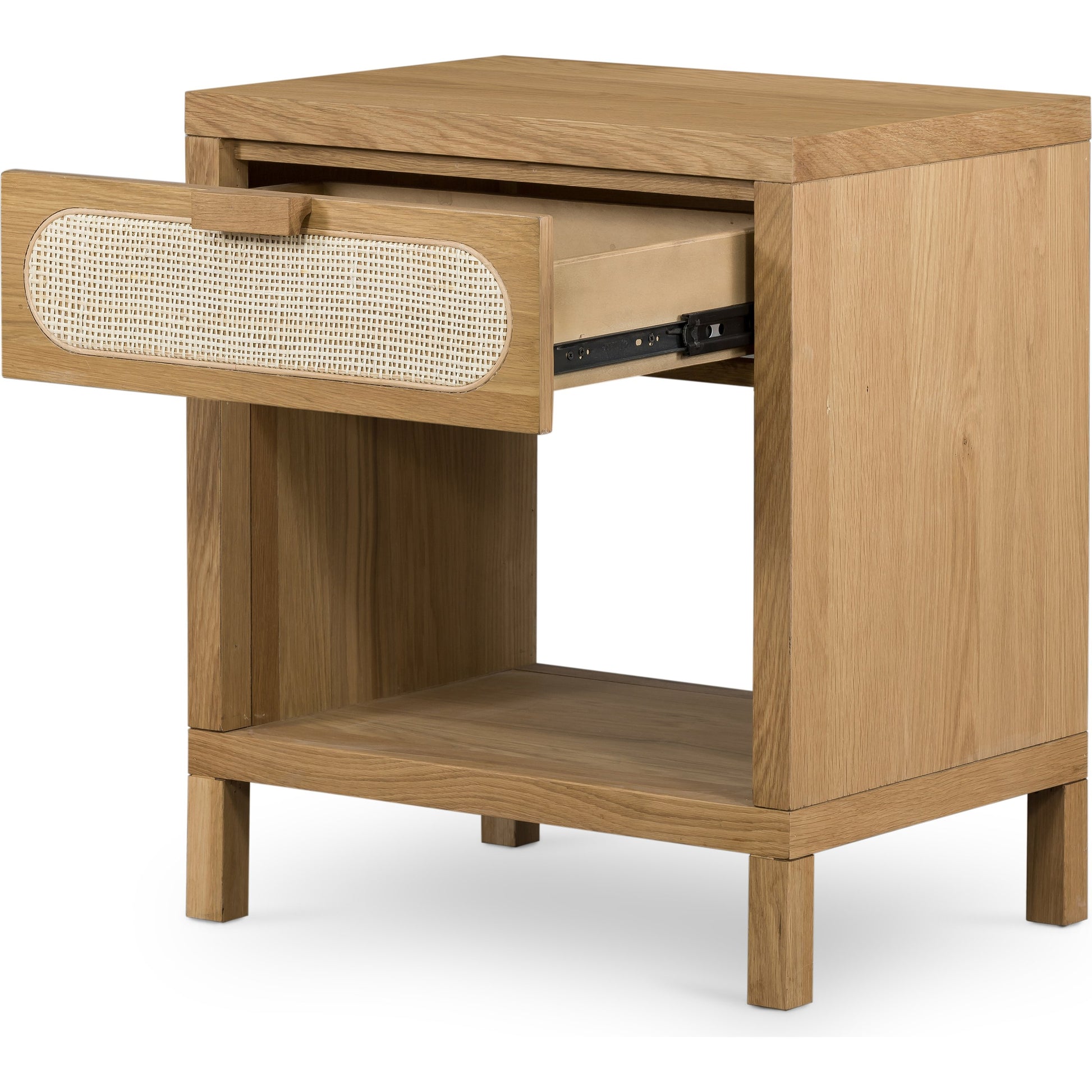 Allegra Nightstand by Four Hands in honey oak veneer, light natural cane, honey oak and honey oak. Made from oak veneer, cane, solid oak in a rustic style.