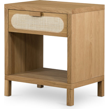 Allegra Nightstand by Four Hands in honey oak veneer, light natural cane, honey oak and honey oak. Made from oak veneer, cane, solid oak in a rustic style.