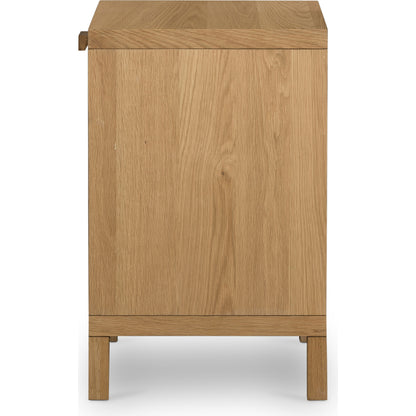 Allegra Nightstand by Four Hands in honey oak veneer, light natural cane, honey oak and honey oak. Made from oak veneer, cane, solid oak in a rustic style.