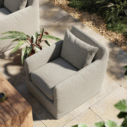 Dade Outdoor Swivel Chair by Four Hands. Made from 100% olefin, aluminum in a modern style.