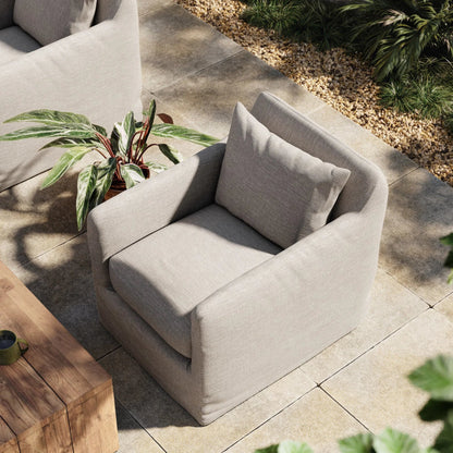 Dade Outdoor Swivel Chair by Four Hands. Made from 100% olefin, aluminum in a modern style.