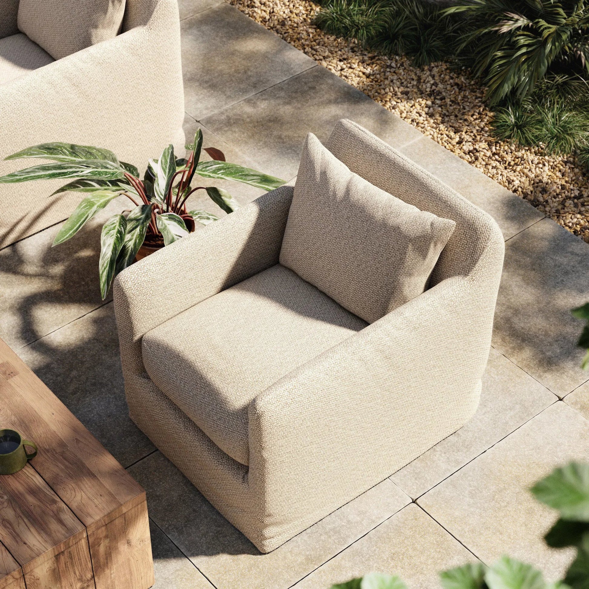 Dade Outdoor Swivel Chair by Four Hands. Made from 100% olefin, aluminum in a modern style.