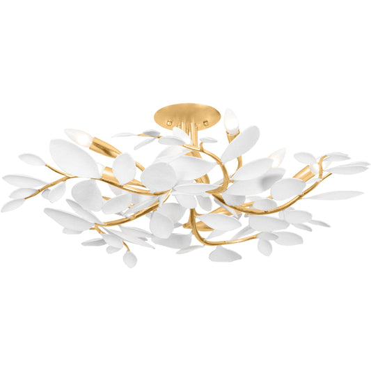 Marabec Semi Flush by Hudson Valley in vintage gold leaf, white plaster. Made from iron in a unique style.