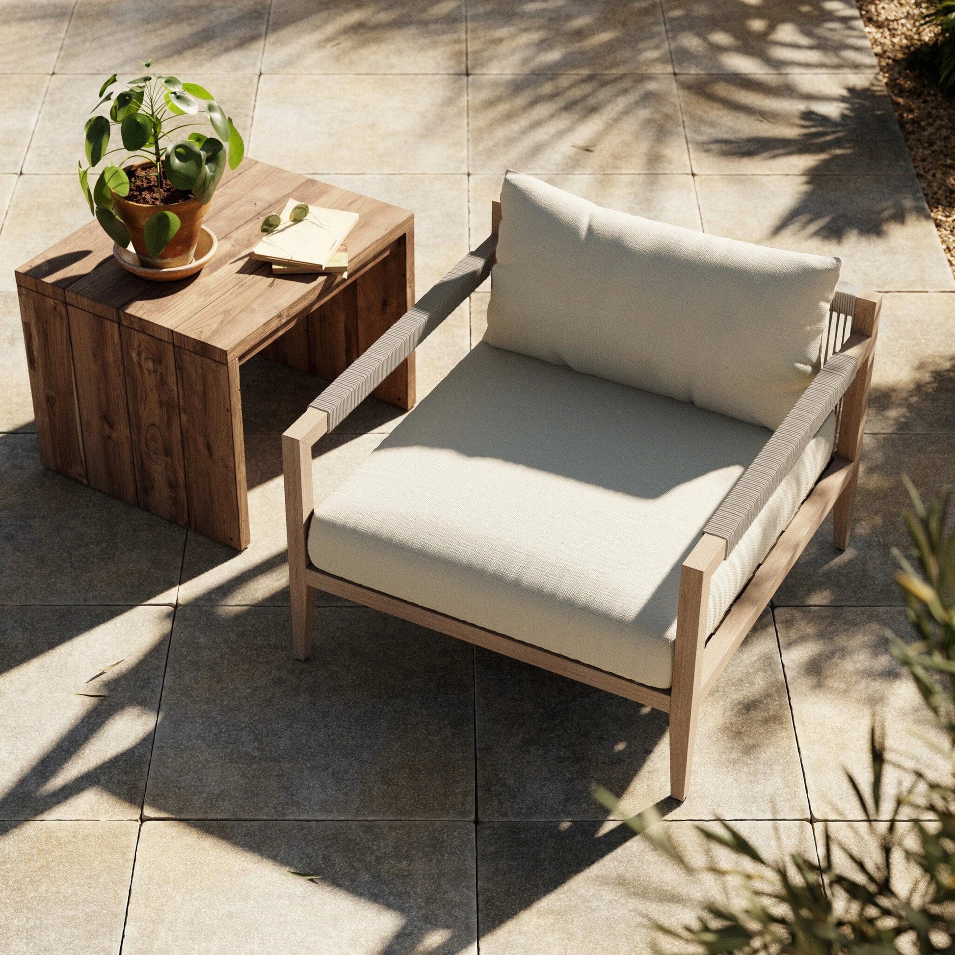 Sherwood Outdoor Chair, Washed Brown by Four Hands. Made from 100% olefin, solid fsc®-certified teak, 100% polypropylene in a coastal style.