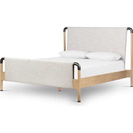 Harriett Bed by Four Hands in gibson wheat and aged gunmetal, yucca oak. Made from 97% polyester, 3% acrylic, solid oak, iron in a coastal style.