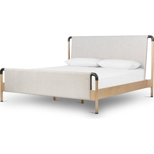 Harriett Bed by Four Hands in gibson wheat and aged gunmetal, yucca oak. Made from 97% polyester, 3% acrylic, solid oak, iron in a coastal style.