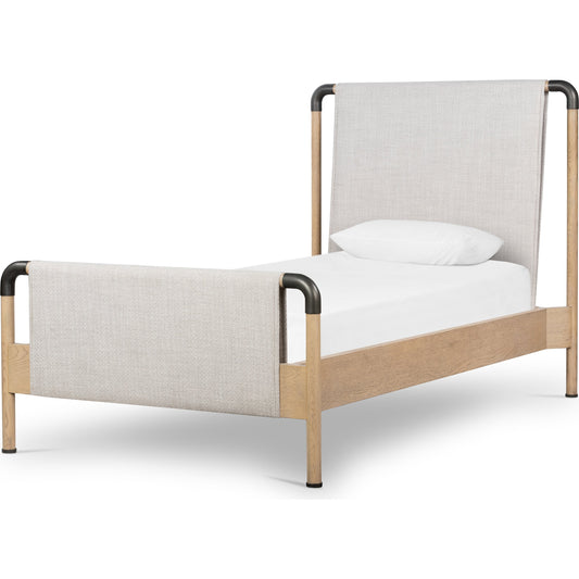 Harriett Bed by Four Hands in gibson wheat and aged gunmetal, yucca oak. Made from 97% polyester, 3% acrylic, solid oak, iron in a coastal style.