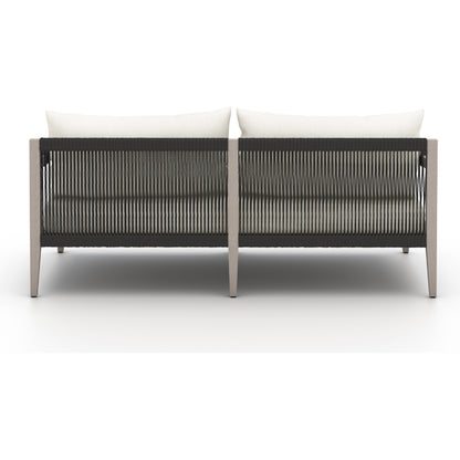 Sherwood Outdoor Sofa, Weathered Grey by Four Hands. Made from 100% olefin, solid fsc®-certified teak, 100% polypropylene in a coastal style.