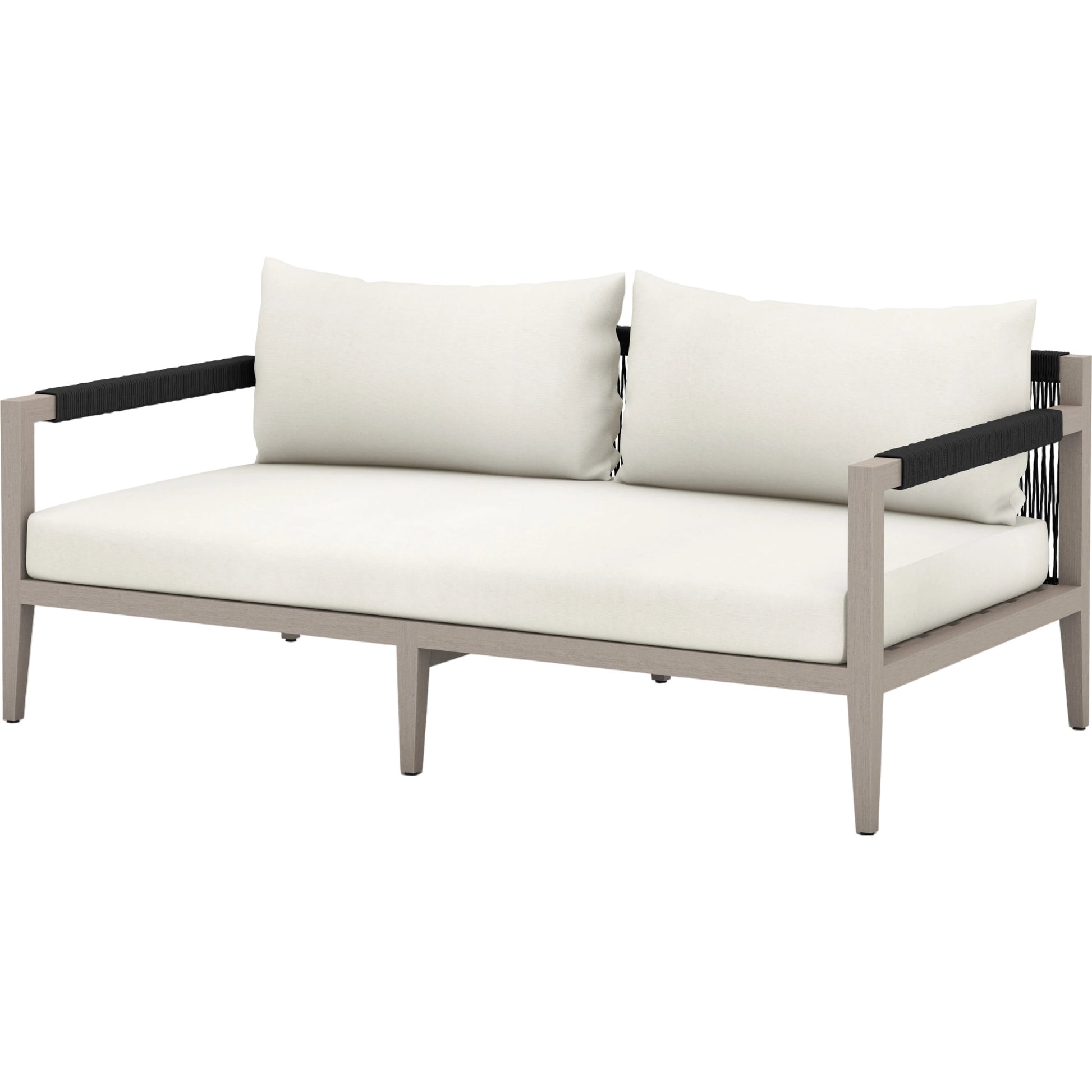 Sherwood Outdoor Sofa, Weathered Grey by Four Hands. Made from 100% olefin, solid fsc®-certified teak, 100% polypropylene in a coastal style.