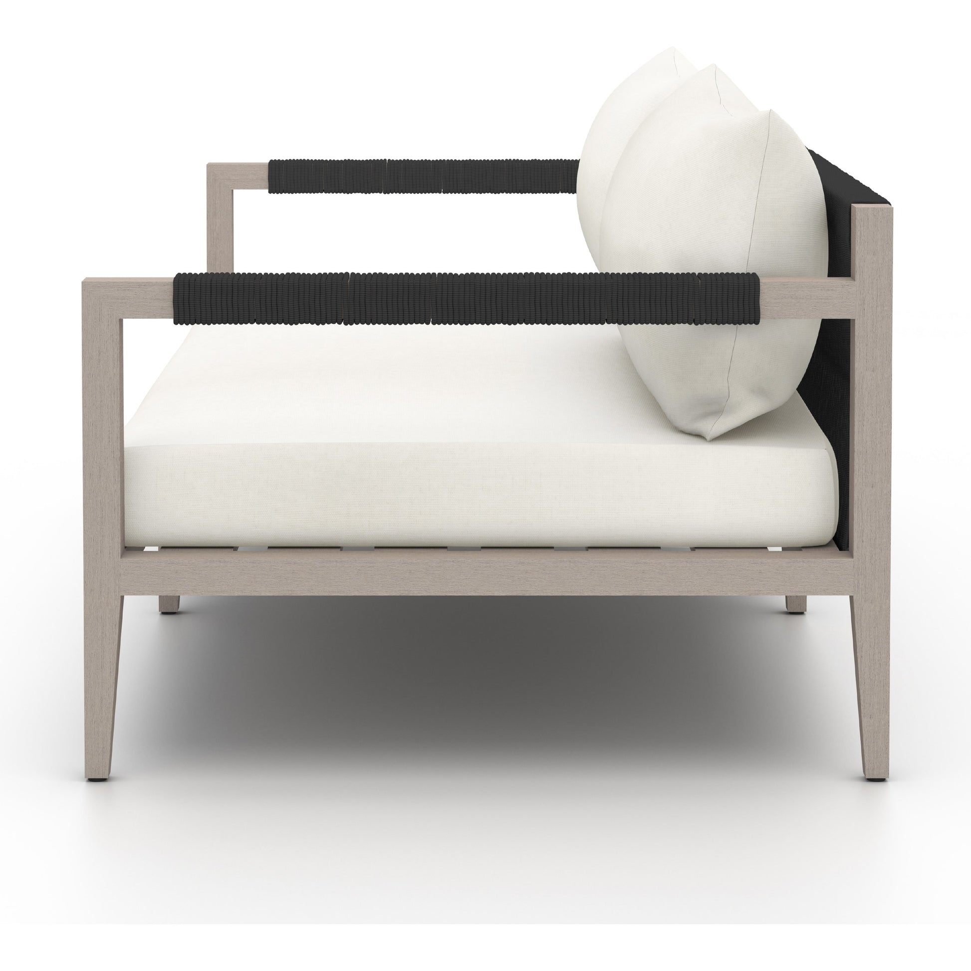 Sherwood Outdoor Sofa, Weathered Grey by Four Hands. Made from 100% olefin, solid fsc®-certified teak, 100% polypropylene in a coastal style.