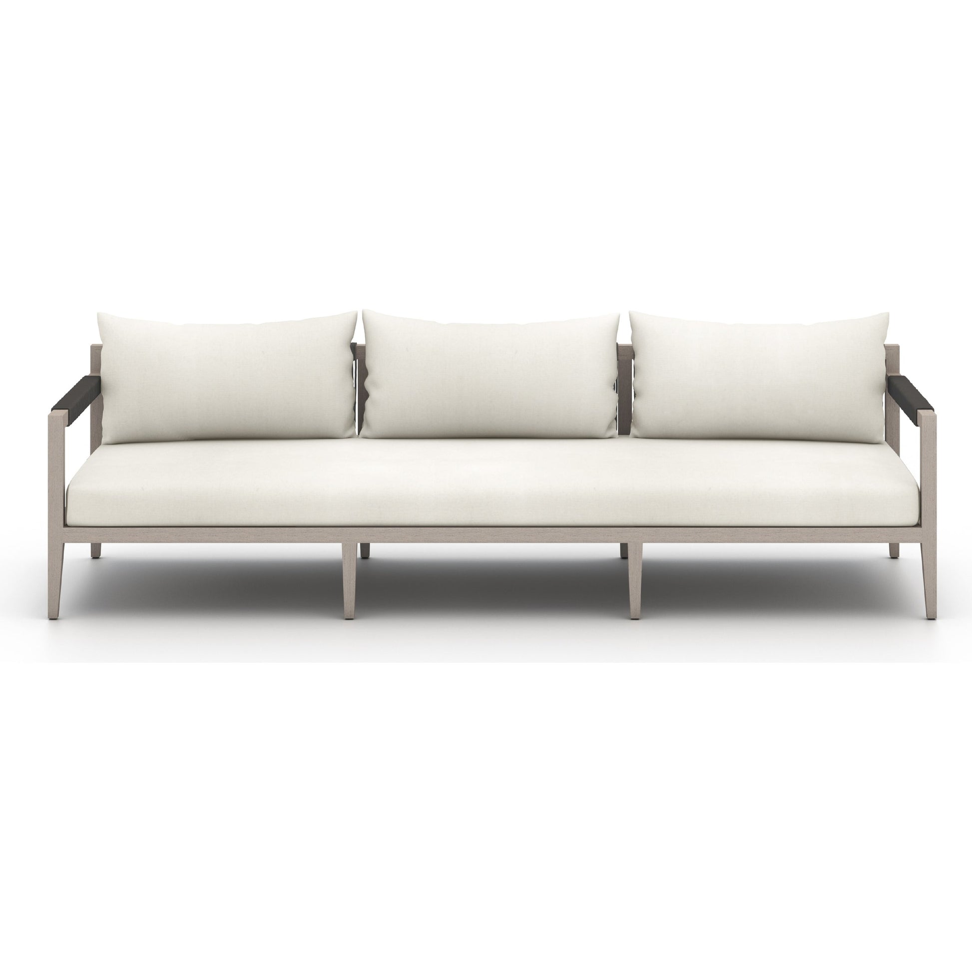 Sherwood Outdoor Sofa, Weathered Grey by Four Hands. Made from 100% olefin, solid fsc®-certified teak, 100% polypropylene in a coastal style.