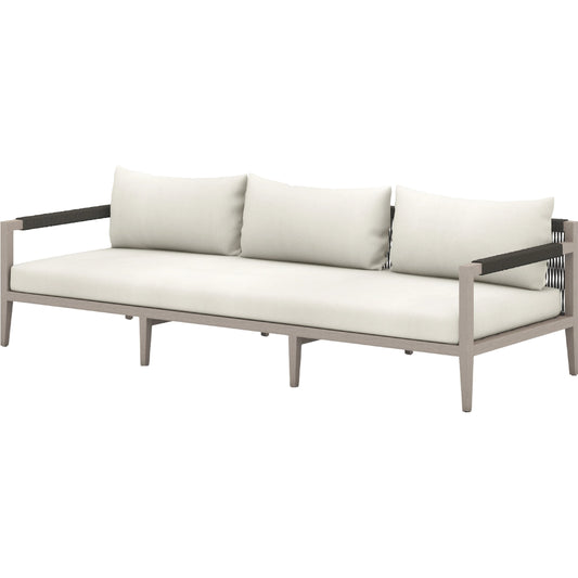 Sherwood Outdoor Sofa, Weathered Grey by Four Hands. Made from 100% olefin, solid fsc®-certified teak, 100% polypropylene in a coastal style.