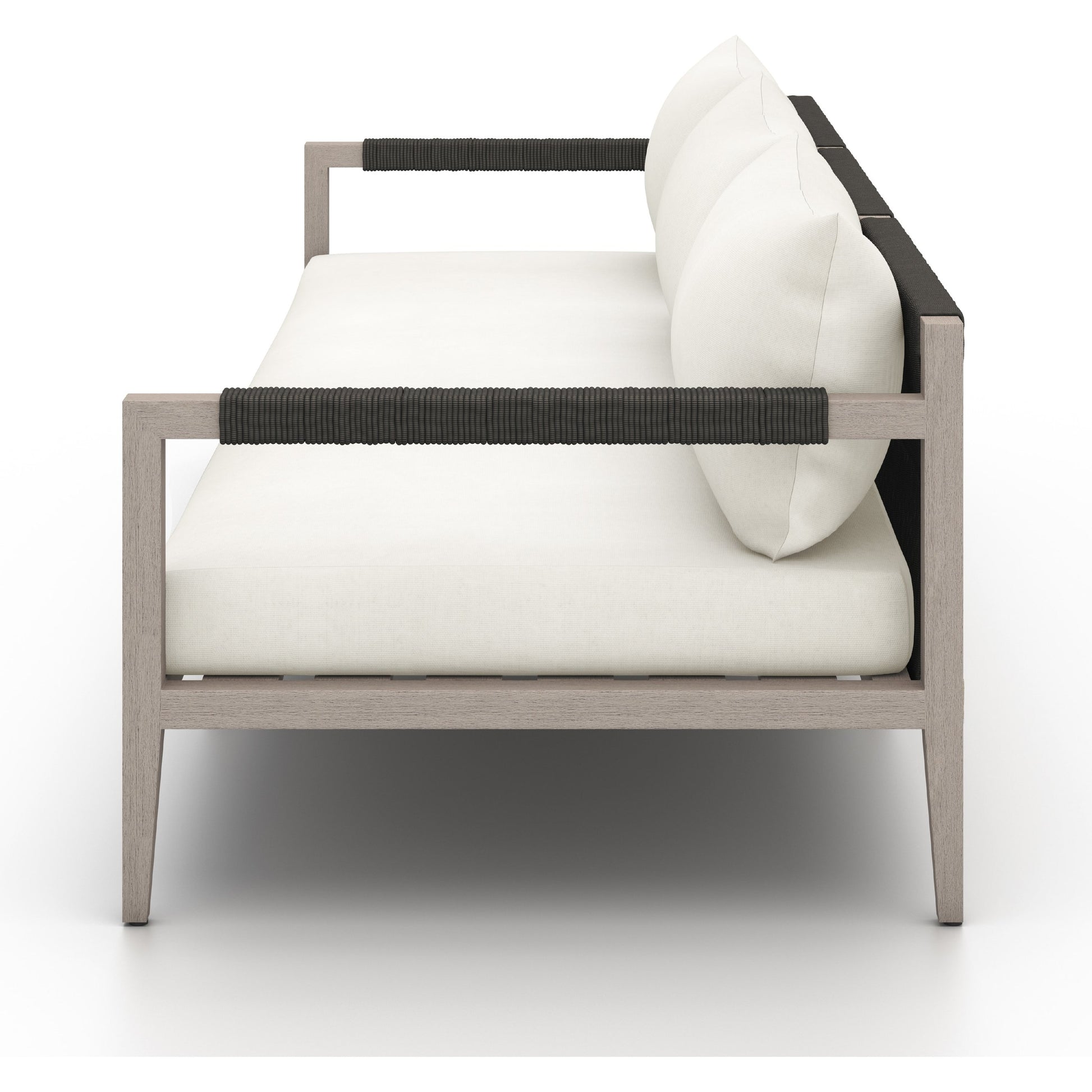 Sherwood Outdoor Sofa, Weathered Grey by Four Hands. Made from 100% olefin, solid fsc®-certified teak, 100% polypropylene in a coastal style.