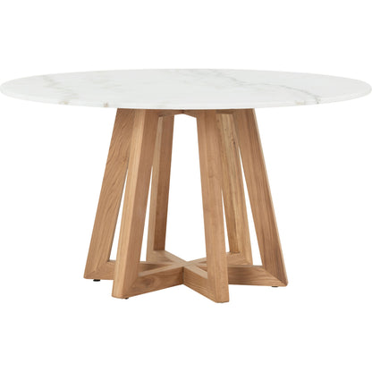 Creston Dining Table by Four Hands in honey oak, honey oak veneer, white marble and honey oak, white marble. Made from solid marble, oak veneer, solid oak in a coastal style.