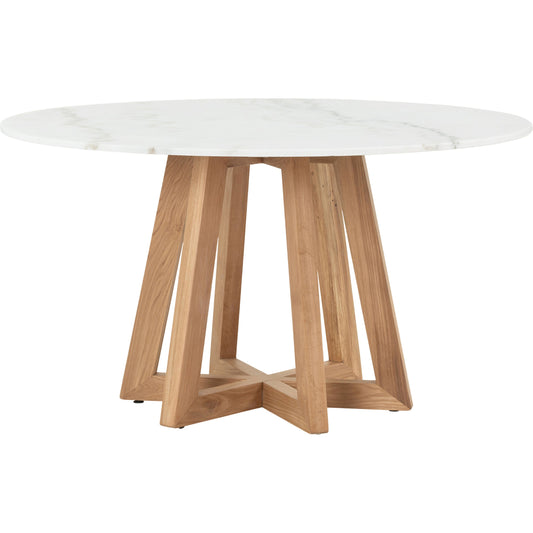 Creston Dining Table by Four Hands in honey oak, honey oak veneer, white marble and honey oak, white marble. Made from solid marble, oak veneer, solid oak in a coastal style.