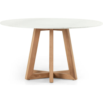 Creston Dining Table by Four Hands in honey oak, honey oak veneer, white marble and honey oak, white marble. Made from solid marble, oak veneer, solid oak in a coastal style.