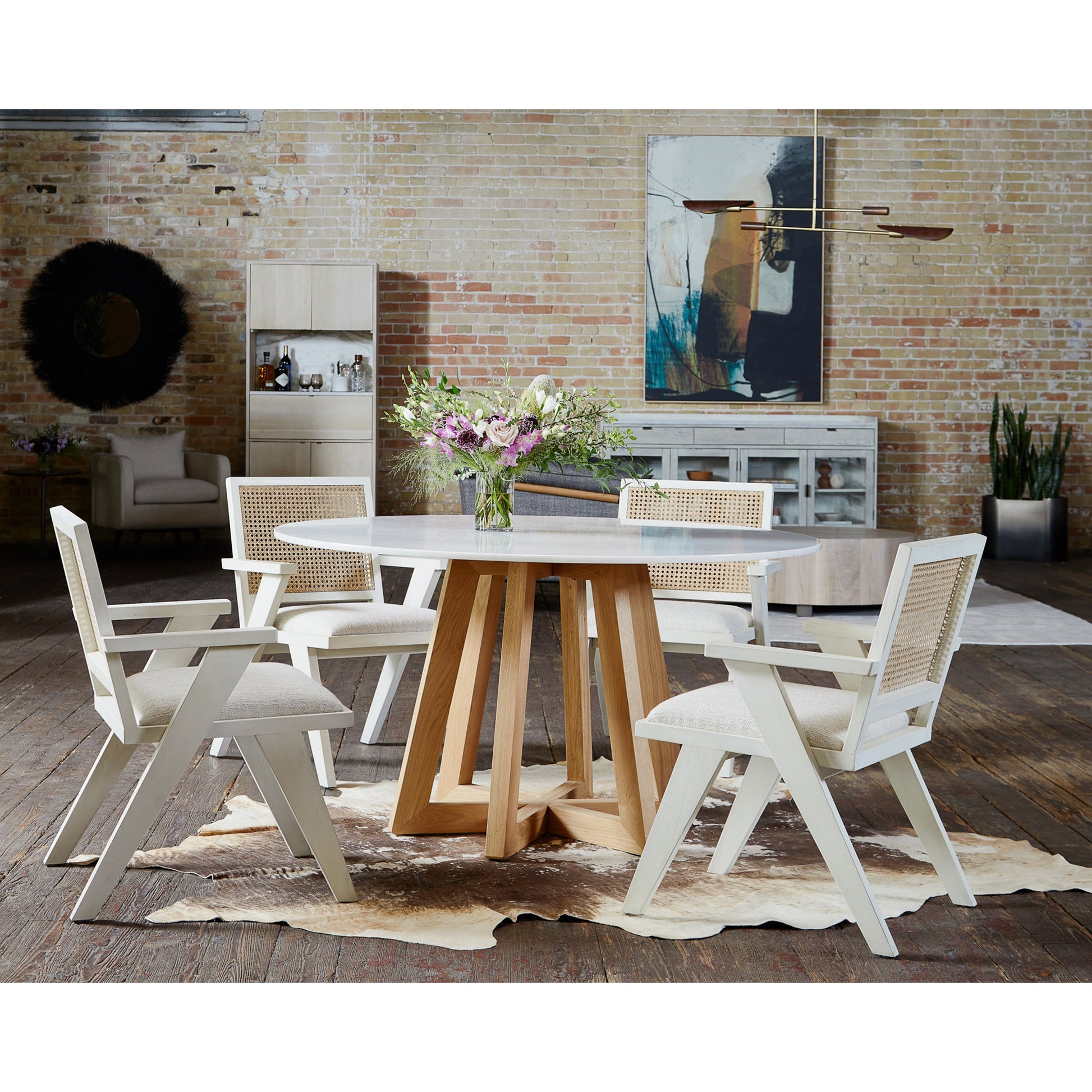 Creston Dining Table by Four Hands in honey oak, honey oak veneer, white marble and honey oak, white marble. Made from solid marble, oak veneer, solid oak in a coastal style.