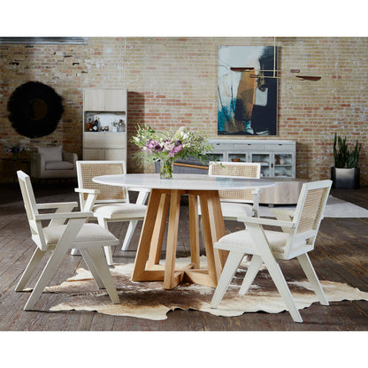 Creston Dining Table by Four Hands in honey oak, honey oak veneer, white marble and honey oak, white marble. Made from solid marble, oak veneer, solid oak in a coastal style.