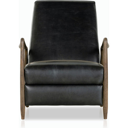 Braden Recliner by Four Hands in dakota black, rubbed sienna brown. Made from top grain leather, solid parawood, 100% polyester in a modern style.