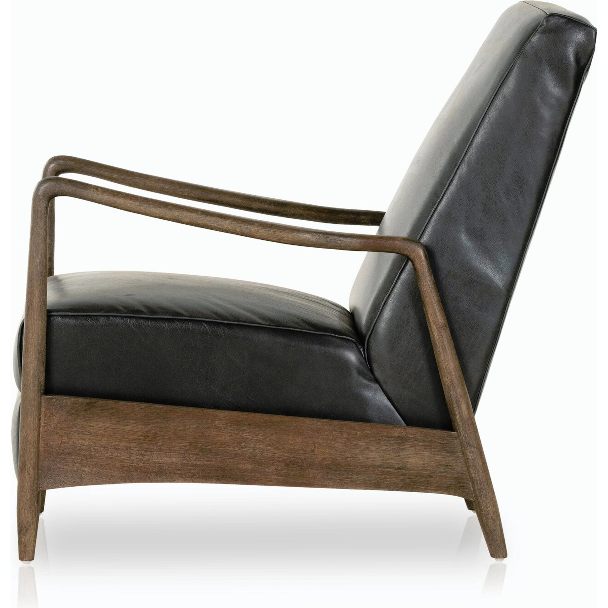 Braden Recliner by Four Hands in dakota black, rubbed sienna brown. Made from top grain leather, solid parawood, 100% polyester in a modern style.