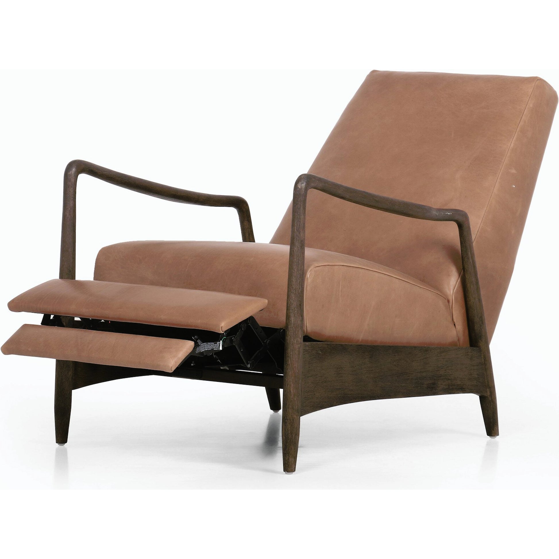 Braden Recliner by Four Hands in dakota black, rubbed sienna brown. Made from top grain leather, solid parawood, 100% polyester in a modern style.