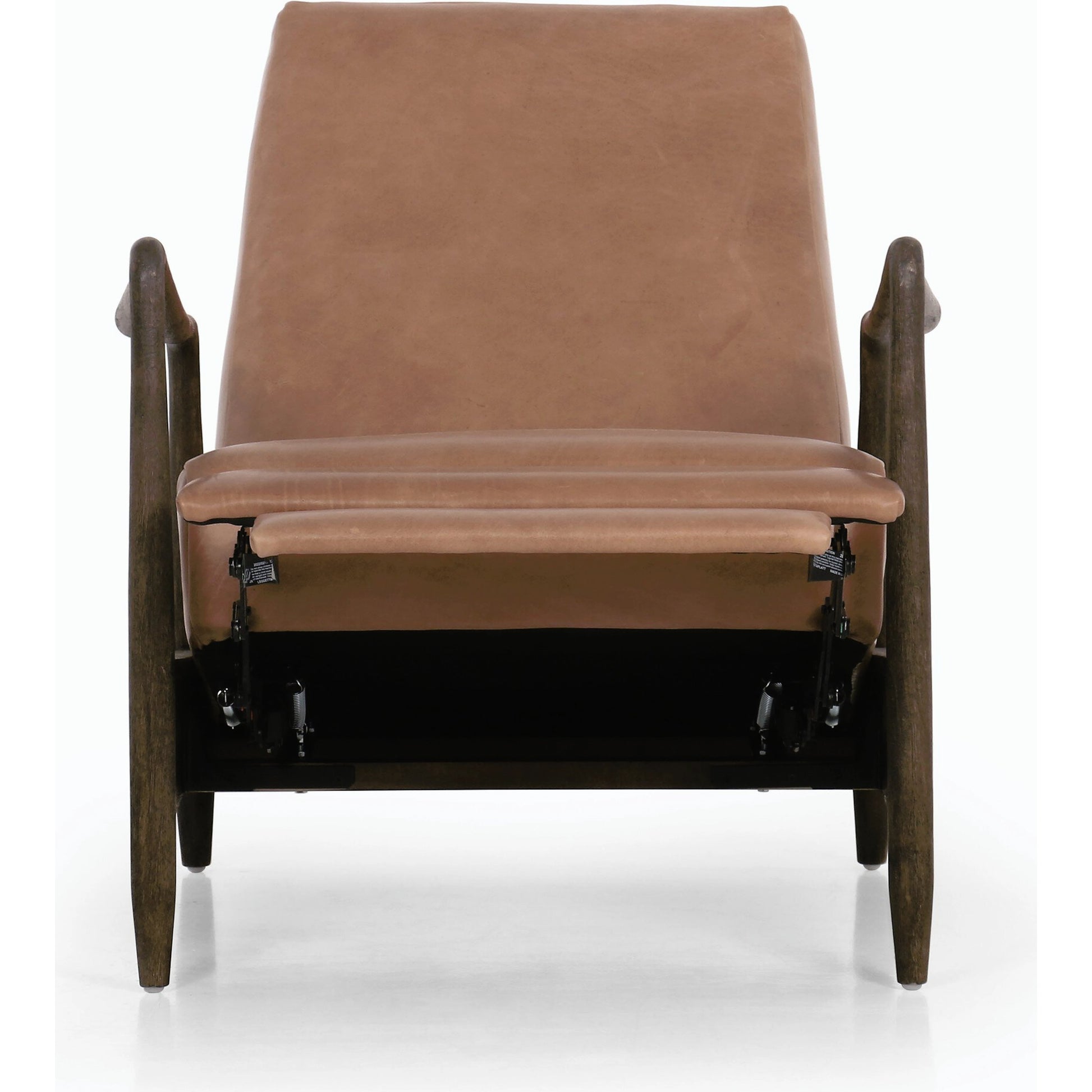 Braden Recliner by Four Hands in dakota black, rubbed sienna brown. Made from top grain leather, solid parawood, 100% polyester in a modern style.