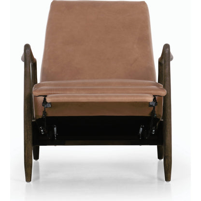 Braden Recliner by Four Hands in dakota black, rubbed sienna brown. Made from top grain leather, solid parawood, 100% polyester in a modern style.