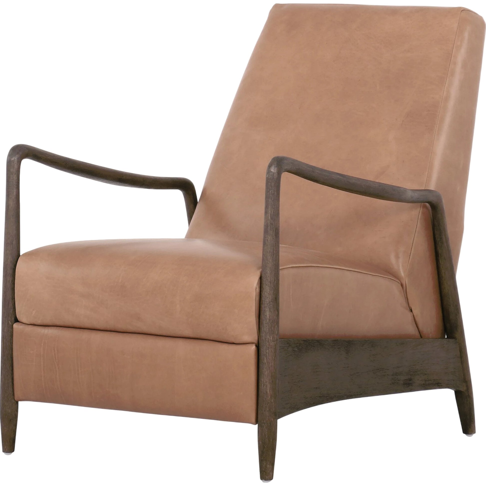 Braden Recliner by Four Hands in dakota black, rubbed sienna brown. Made from top grain leather, solid parawood, 100% polyester in a modern style.
