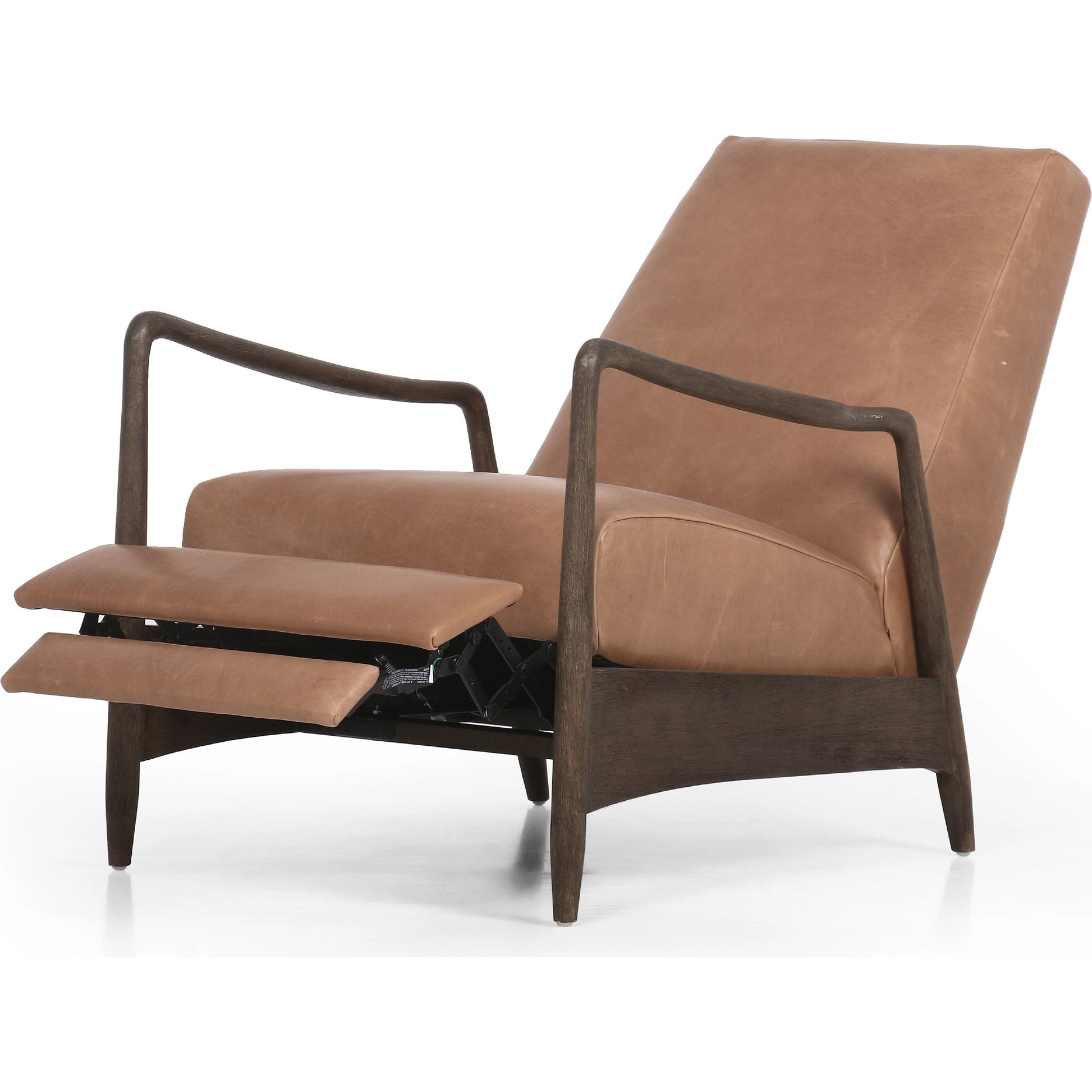 Braden Recliner by Four Hands in dakota black, rubbed sienna brown. Made from top grain leather, solid parawood, 100% polyester in a modern style.