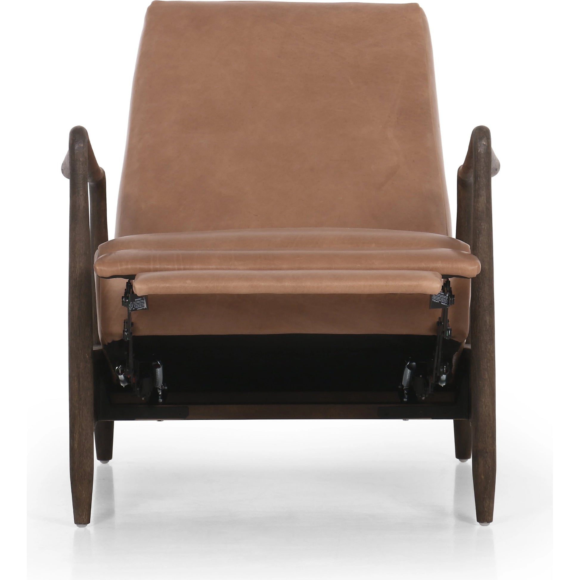 Braden Recliner by Four Hands in dakota black, rubbed sienna brown. Made from top grain leather, solid parawood, 100% polyester in a modern style.