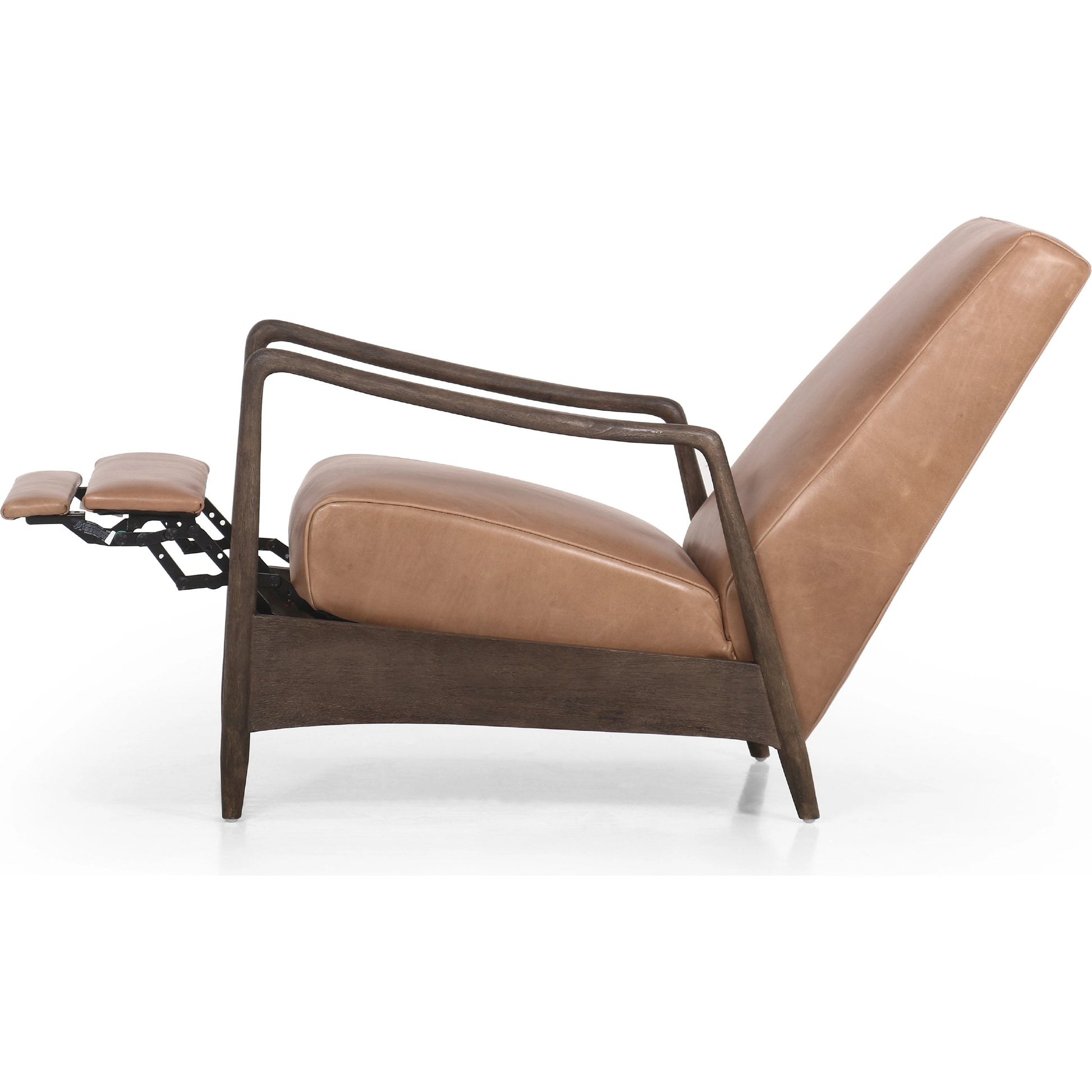 Braden Recliner by Four Hands in dakota black, rubbed sienna brown. Made from top grain leather, solid parawood, 100% polyester in a modern style.