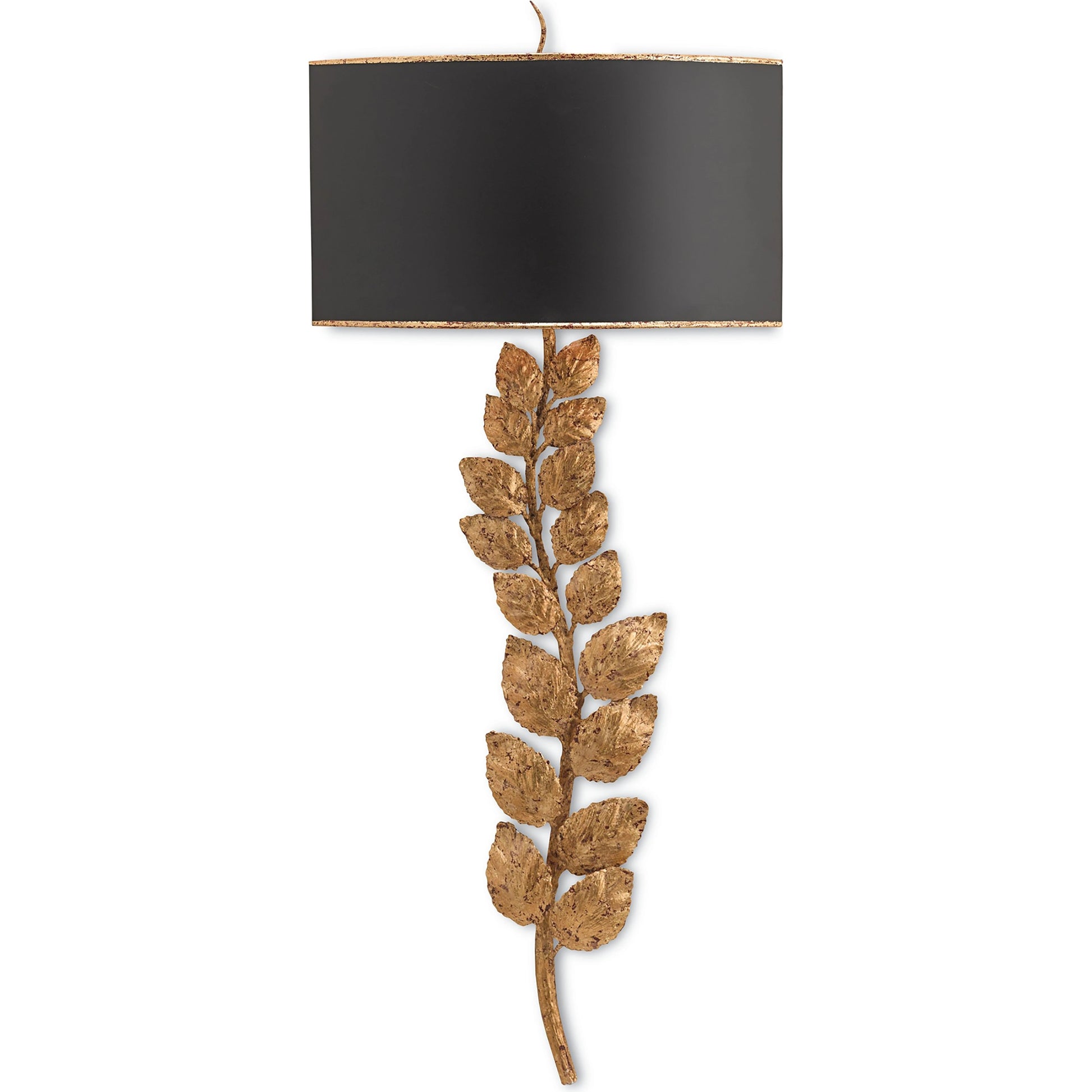 Birdwood Wall Sconce by Currey and Company in textured gold leaf, satin black. Made from satin black, gesso in a transitional style.
