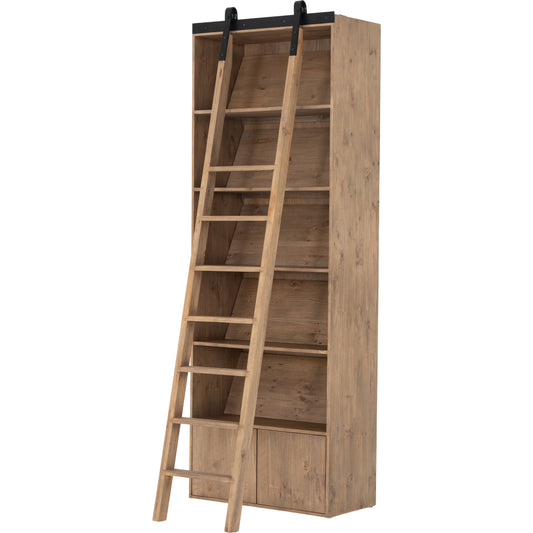 Bane Bookshelf with Ladder by Four Hands in smoked pine, black iron and smoked pine. Made from solid pine, iron in a modern style.
