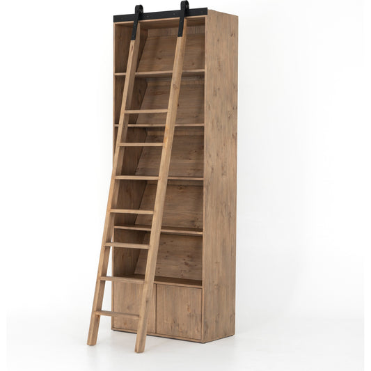 Bane Bookshelf with Ladder by Four Hands in smoked pine, black iron and smoked pine. Made from solid pine, iron in a modern style.