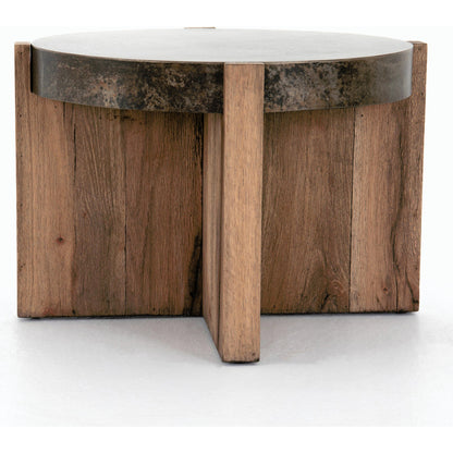 Bingham End Table by Four Hands in rustic oak veneer, distressed iron and distressed iron. Made from thick oak veneer, engineered hardwood, iron in a rustic style.