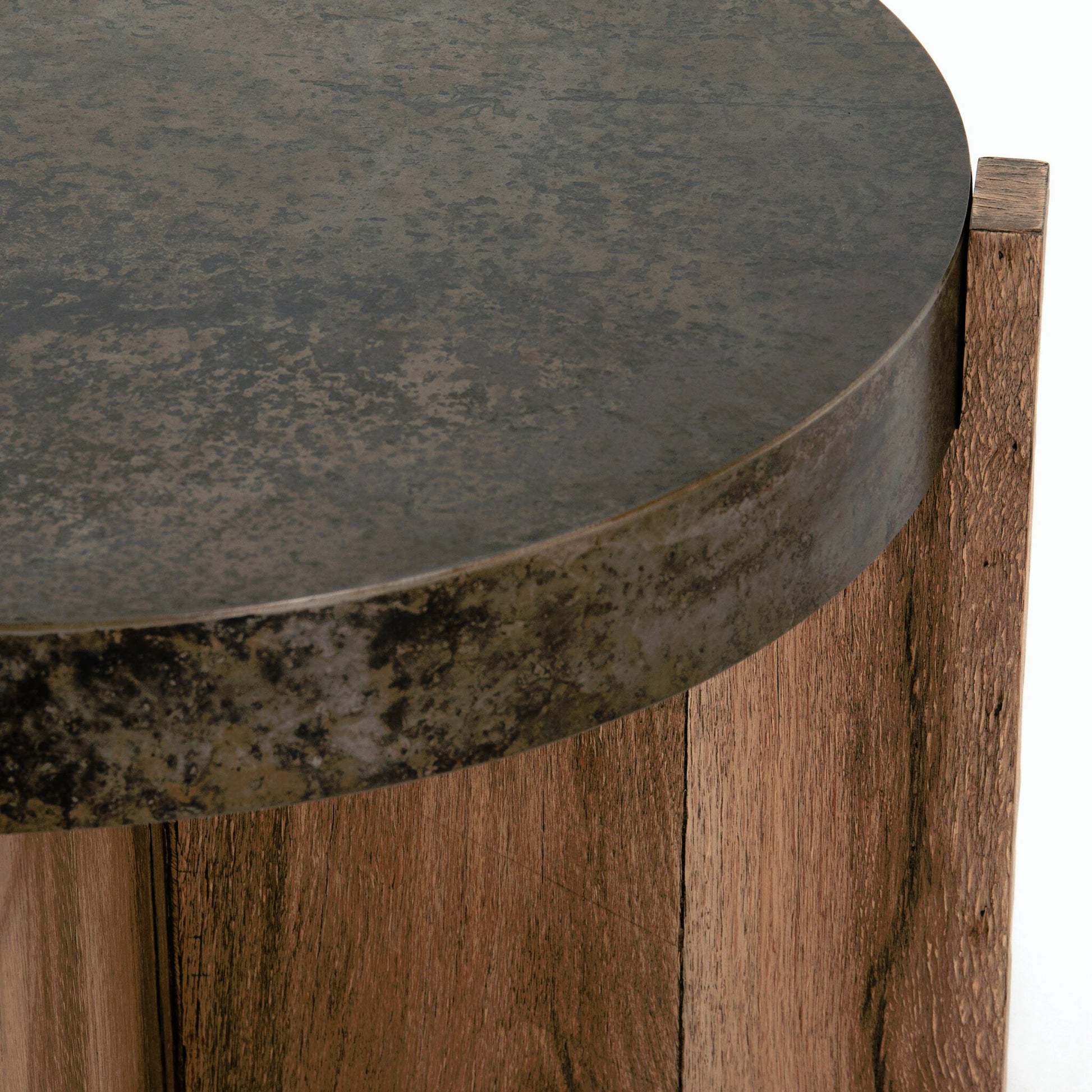 Bingham End Table by Four Hands in rustic oak veneer, distressed iron and distressed iron. Made from thick oak veneer, engineered hardwood, iron in a rustic style.