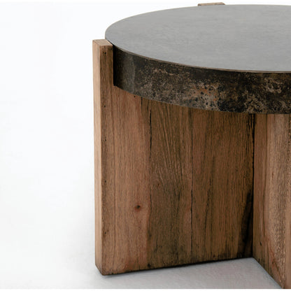Bingham End Table by Four Hands in rustic oak veneer, distressed iron and distressed iron. Made from thick oak veneer, engineered hardwood, iron in a rustic style.