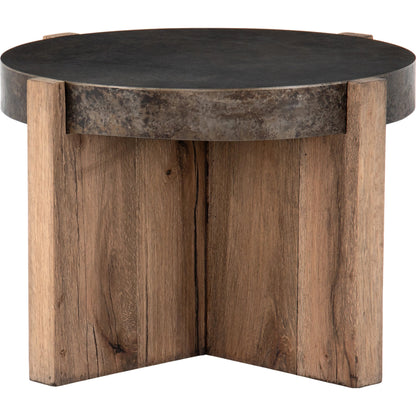Bingham End Table by Four Hands in rustic oak veneer, distressed iron and distressed iron. Made from thick oak veneer, engineered hardwood, iron in a rustic style.