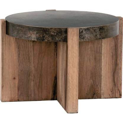 Bingham End Table by Four Hands in rustic oak veneer, distressed iron and distressed iron. Made from thick oak veneer, engineered hardwood, iron in a rustic style.