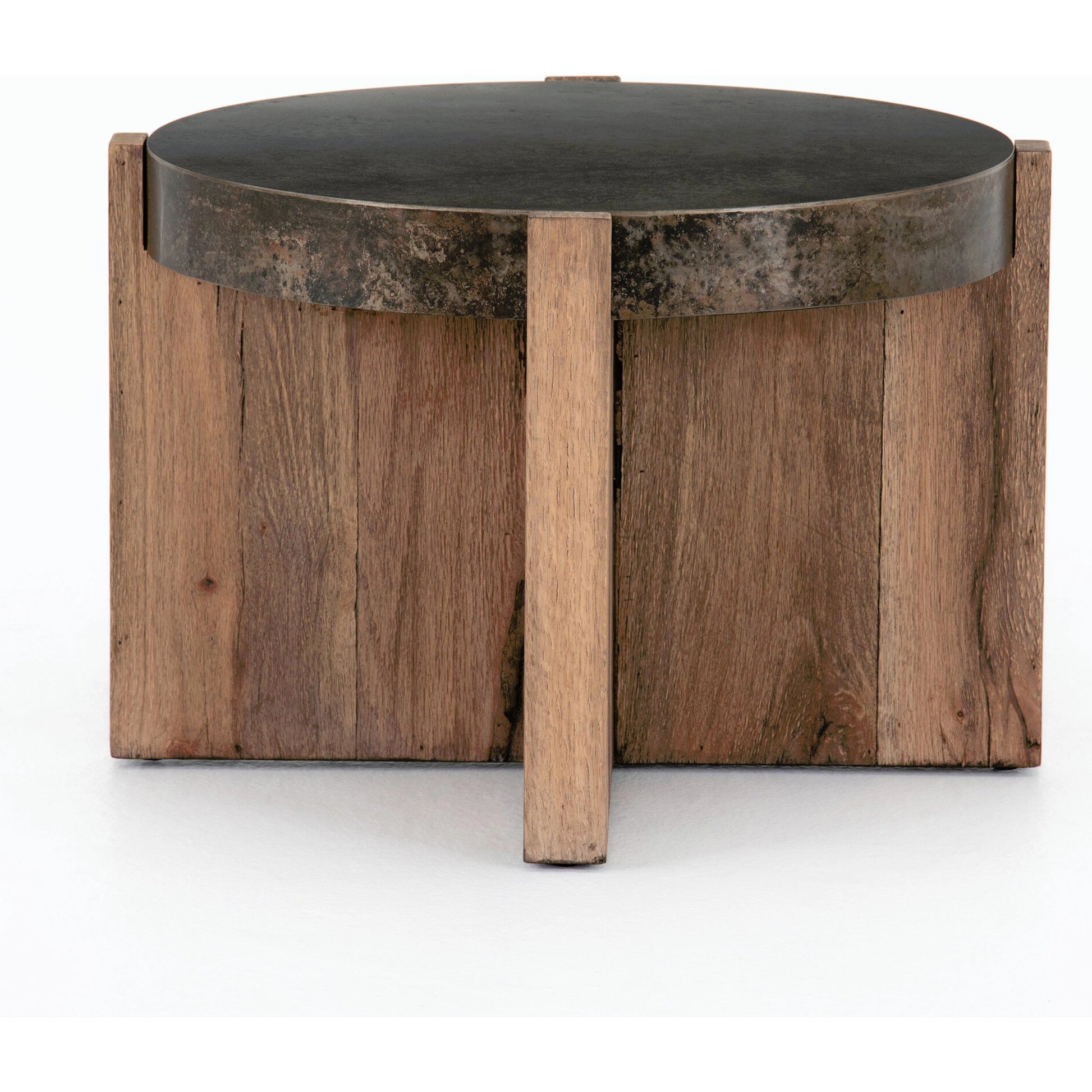 Bingham End Table by Four Hands in rustic oak veneer, distressed iron and distressed iron. Made from thick oak veneer, engineered hardwood, iron in a rustic style.